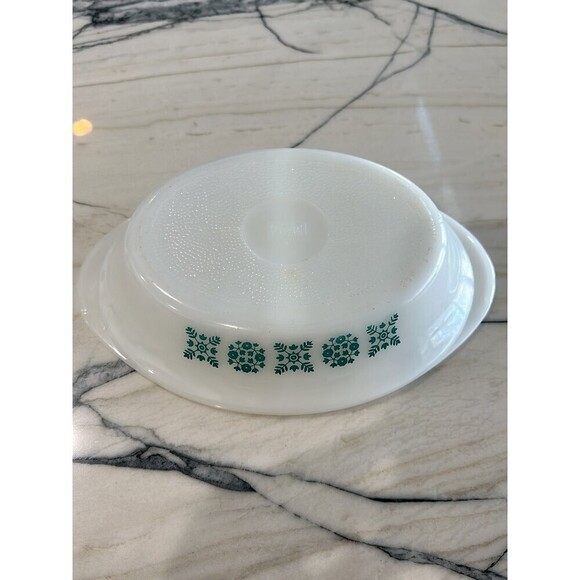 Vintage GLASBAKE Turquoise/teal Snowflake Floral design Divided Casserole Dish - Picture 5 of 5